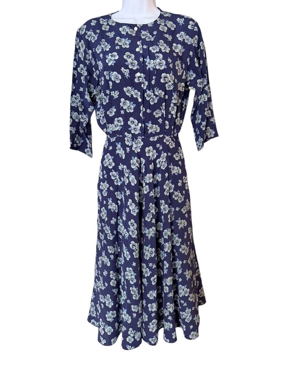 Ralph Lauren Y2K Silk Floral Midi Dress Women’s 4 Navy Button Front 3/4 Sleeve